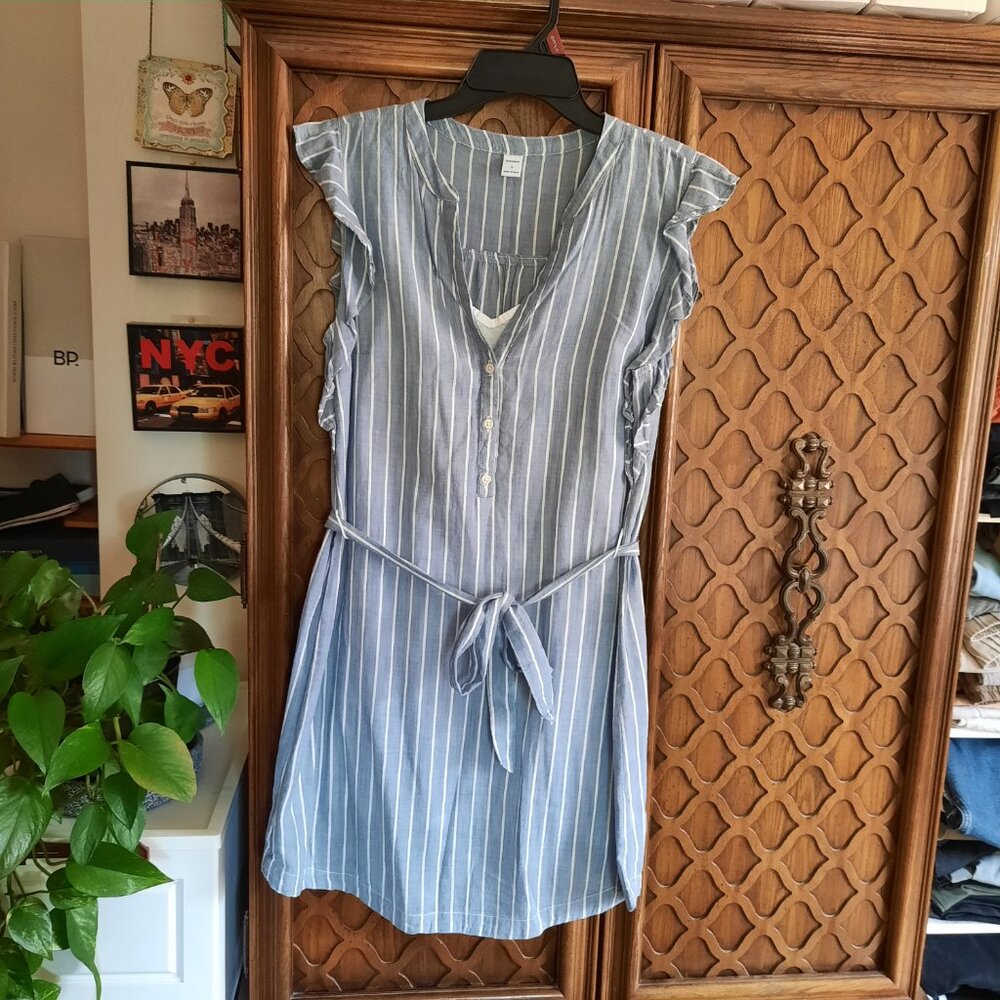 TO RELIST -Old Navy Flutter Sleeve Tie-Belt Shirt Dress - Chambray Stripes, Sz S - Picture 2 of 16